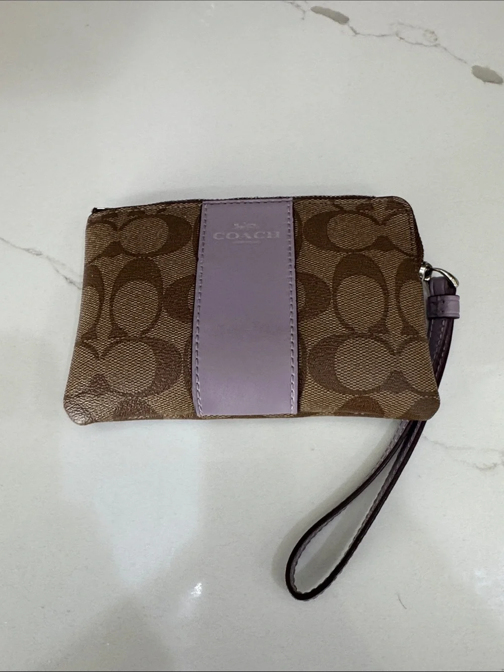 Coach Brown Signature Canvas Wristlet with Lavender Center Stripe
